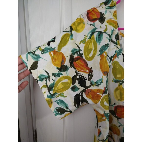 Ava James Woman L Shirt V Button Fruit Linen Blend Tie Front SS cropped - Picture 4 of 6